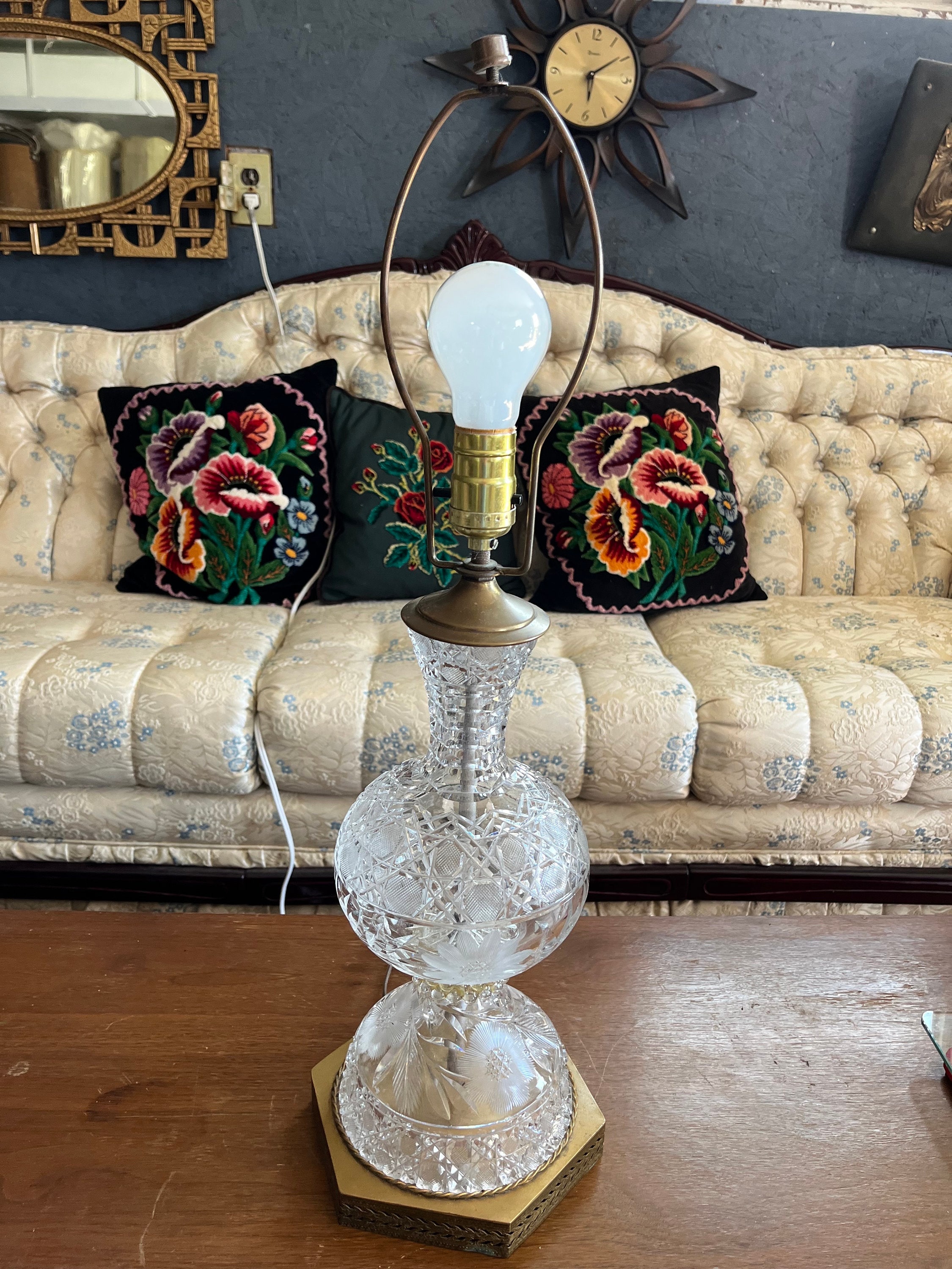 Antique Cut Crystal Table Lamp: Etched Pansy Flower, Pierced Brass