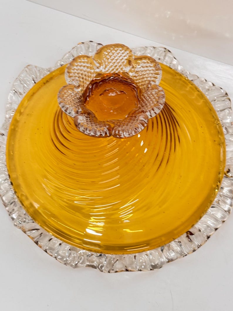 Vintage Art Nouveau Amber Glass Compote Bowl: Ruffled Edge, Twisted ...