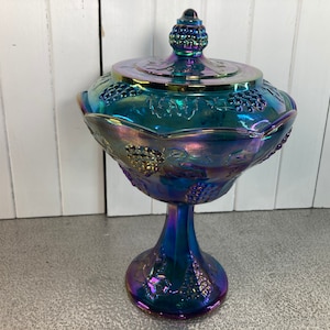 Blue, Purple, Iridescent,  Diamond, Compote,  Indiana Glass, Vintage, Retro, Bohemian, Art Deco, Art Glass, Bowl