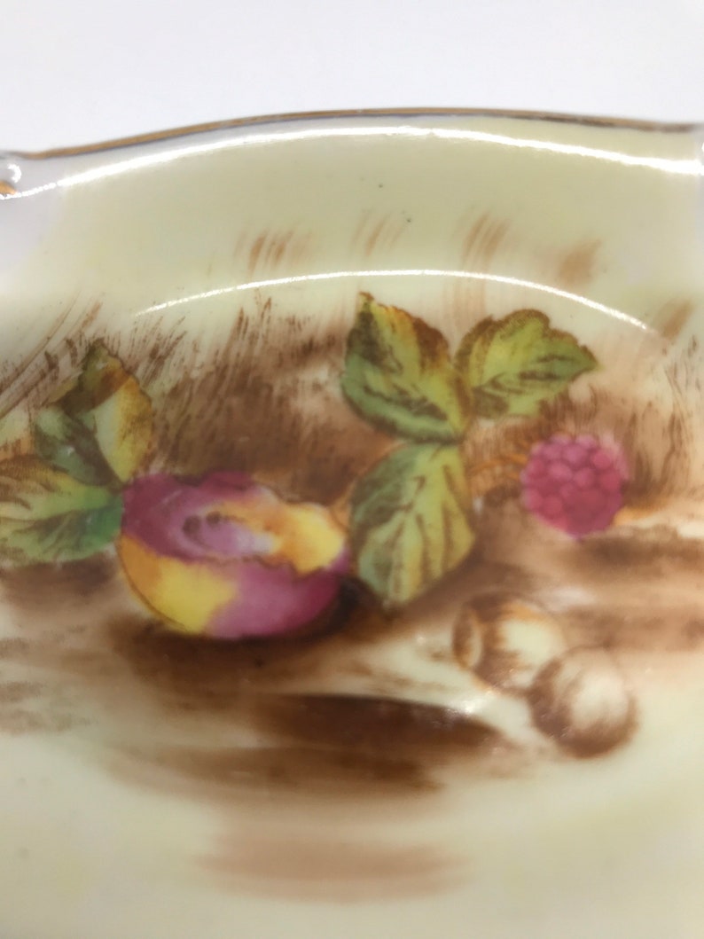 May include: A vintage porcelain dish with a brown and green floral design. The dish features a pink and yellow fruit, green leaves, and brown berries.