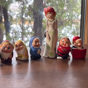 Disney Snow White and the Seven Dwarfs Figurines- Complete Antique Plaster Cement Hand Painted Red Head Snow White