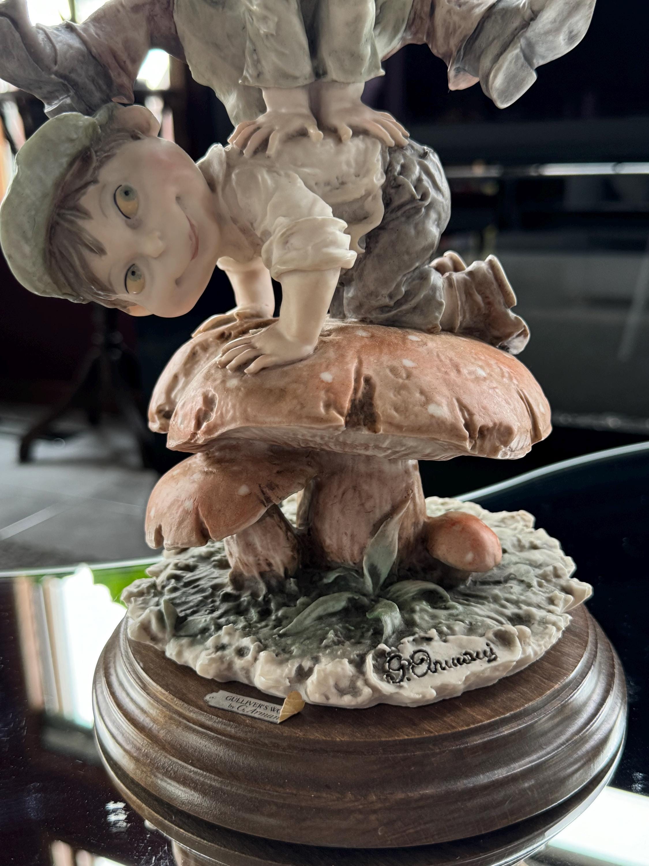 Giuseppe Armani Sculpture: Boys Leapfrog on Mushroom, Vintage