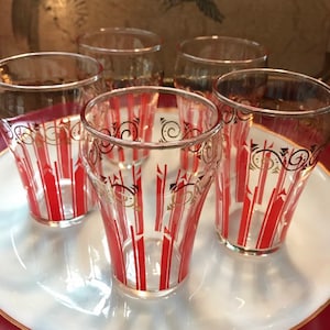 Juice Glasses Set of 5 Retro Vintage Dominion Libbey Glass Candy Red Gold