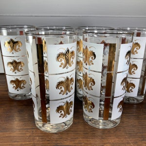 Fleur de Lis, goud, mat, barglazen, vintage, gekke mannen, retro, drank, glazen set van 6, bargerei, highball, cocktail,