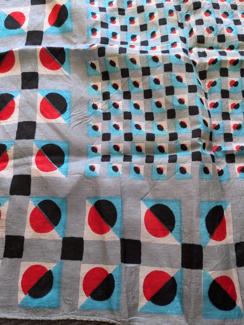 Vintage 60s 70s Mod Art Deco Silk Scarf Rolled Him Red Blue Retro 16