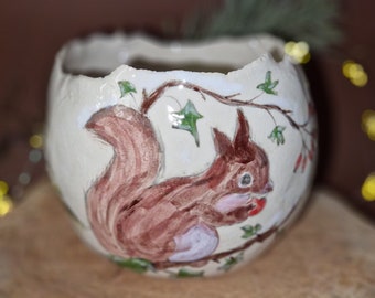 Windlicht mit Waldeichhörnchen, Keramik
