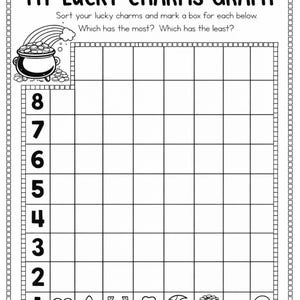 May include: Black and white printable worksheet titled "MY LUCKY CHARMS GRAPH". It features a graph for sorting lucky charms, with images of a heart, star, horseshoe, clover, crescent moon, pot of gold, rainbow, and balloon.