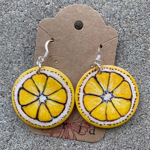 Wood Earrings, Lemon Earrings, Original Art Earrings, Fruit Jewelry