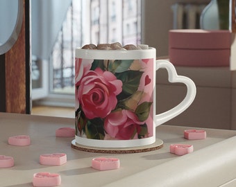 Heart-Shaped Mug, Pink Floral Cup, Girly Pink Mug