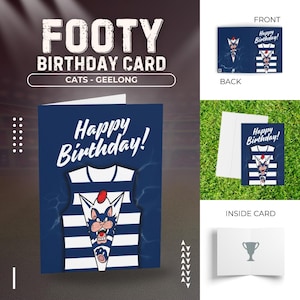 Cats Birthday Card, Football Greeting Cards, Geelong Football Club, Footy Fans Gift, Sports Celebration Stationery, AFL Team