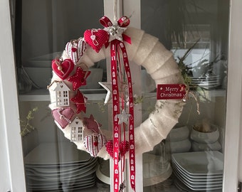 Door wreath wool felt with hearts stars red and white Christmas in the Scandi country house