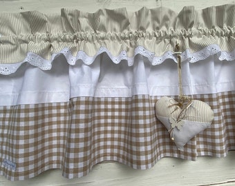 Country house curtain in beige white check incl. decoration heart