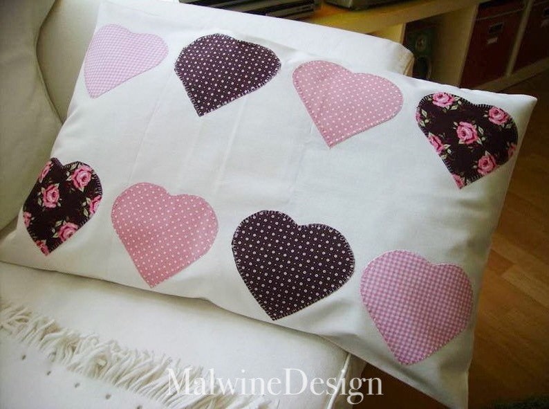 Pillow cover 40 x 60 cm appliques,heart in country style image 1