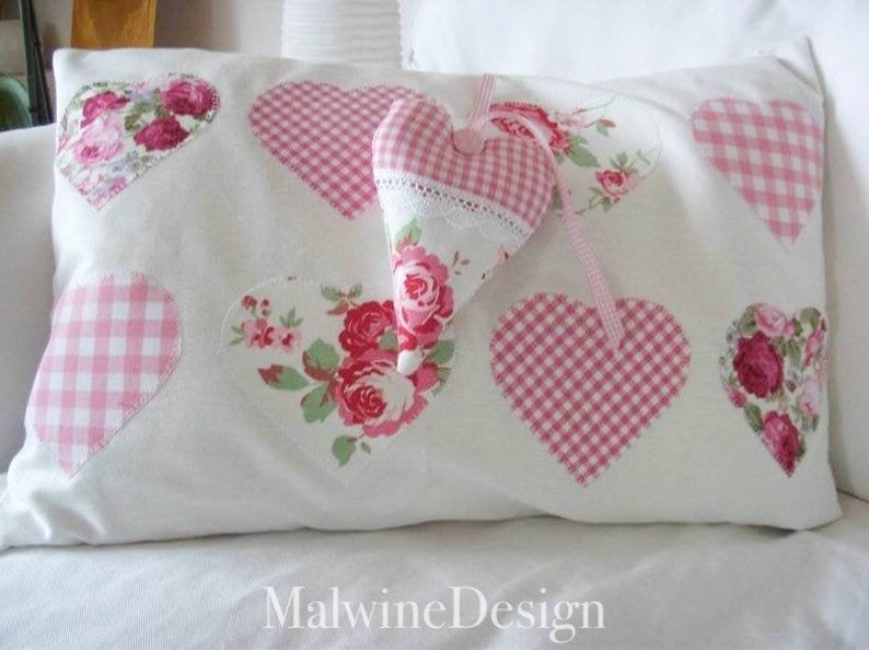 Cushion cover patchwork with appliqué hearts rose petals image 4