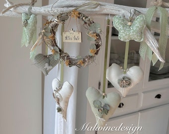 Branch hanger White Driftwood window decoration Fabric hearts Flower wreath