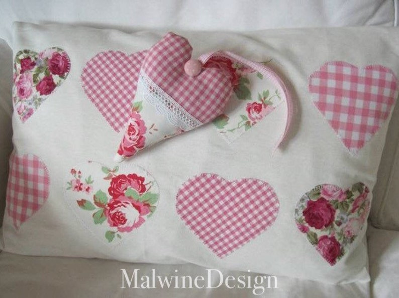 Cushion cover patchwork with appliqué hearts rose petals image 6