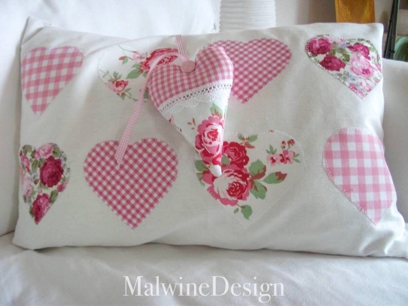 Cushion cover patchwork with appliqué hearts rose petals image 10