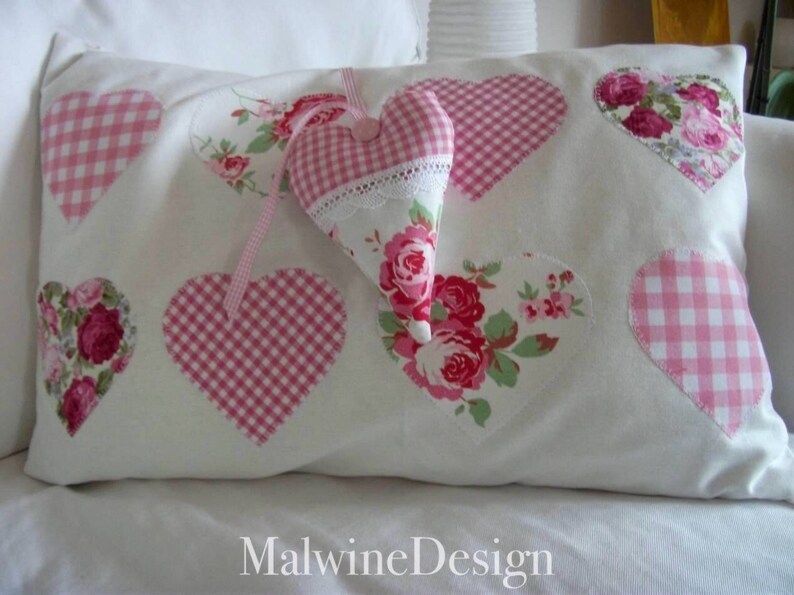 Cushion cover patchwork with appliqué hearts rose petals image 1