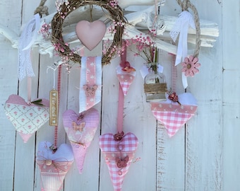 Branch hanger made of driftwood in white butterflies gypsophila decoration fabric hearts pink shabby