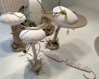 Decorative mushrooms made of linen, set of 3, decorative driftwood in the country house