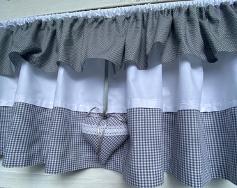 Panel curtain valance in gray white with decorative heart in the country house