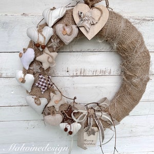 Door wreath with fabric hearts Christmas decoration in Scandi