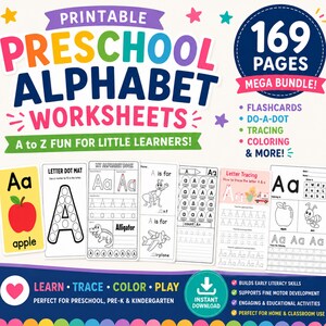 May include: Printable preschool alphabet worksheets bundle with 169 pages. Includes flashcards, do-a-dot, tracing, coloring, and more. Features colourful text and illustrations for early literacy skills. Perfect for preschool, pre-K, kindergarten, home, and classroom use.