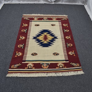 Zweeds platgeweven tapijt, vintage wollen tapijt 4x6, beige kinderkamertapijten