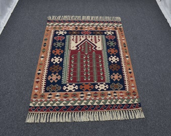 Scandinavian Swedish Flatwoven Turkish Geometric Wool Kilim Rug 4x5