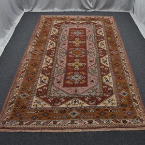 Vintage Oushak 6x10 Hand Knotted Beige Brown Rug Authentic Handwoven Oriental Large Wool Wide Area Rug 1990s
