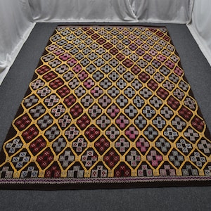 Geometric Karabag Rug, Vintage Karabakh Rug, Hooked Rug Large, Large Brown Wool Rugs, Turkish Area Rug 7x10, Boho Rugs for Living Room