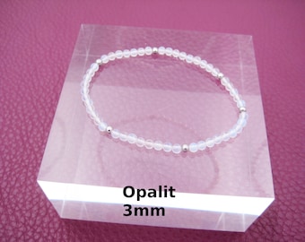 Opalite Bracelet 3mm Stretch Glass Round Beads Bracelet Stainless Steel Silver Gold Rose Gold Gift for Her