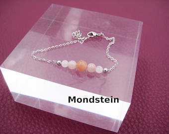 Moonstone Bracelet, Peach-Moonstone, White, Round Beads, Bracelet Stainless Steel, Silver, Gold, Rose Gold, Gift for You