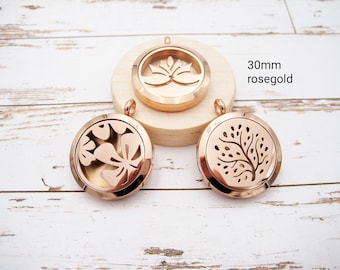 Stainless steel medallion round large, 30 mm, rose gold colors, magnetic clasp, chain pendant, perfume pendant