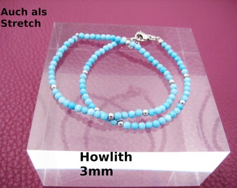 Howlite Bracelet 3mm Stretch Turquoise Natural Round Bead Bracelet Stainless Steel Silver Gold Rose Gold Gift for Her