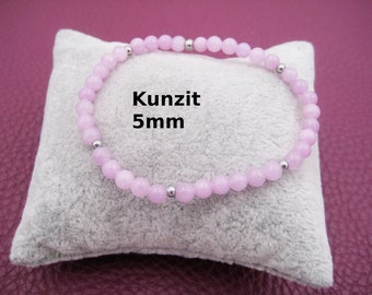 Kunzite Bracelet 5mm Violet Rose Naturel Stretch Bracelet Rond Acier Inoxydable Argent Or Or Rose Cadeau pour Elle