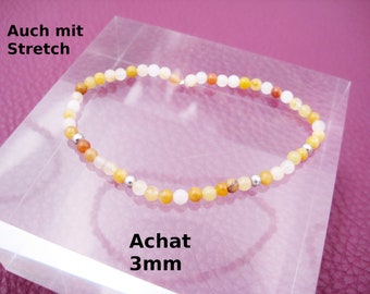 Bracelet Agate 3mm Stretch Jaune Perles Rondes Naturelles Bracelet Acier Inoxydable Argent Or Or Rose Cadeau pour Elle