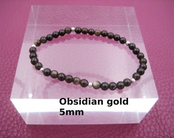 Obsidian Bracelet 5mm Gold Obsidian Natural Stretch Round Bracelet Stainless Steel Silver Gold Rose Gold Gift for Her