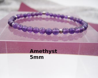 Amethyst Bracelet 5mm Purple Natural Stretch Round Bracelet Stainless Steel Silver Gold Rose Gold Gift For Her