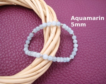 Aquamarine Bracelet 5mm Blue Stretch Round Bracelet Stainless Steel Silver Gold Rose Gold Gift for Her