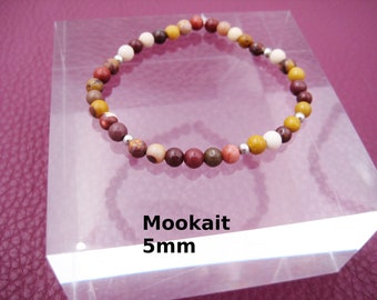 Mookaite Bracelet 5mm Brown Yellow White Mongolia Stretch Round Bracelet Stainless Steel Silver Gold Rose Gold Gift for Her