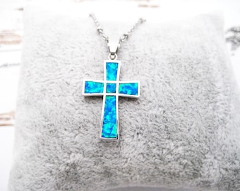 Edelstahl-Kette mit Kreuz, Opalanhänger, weißer Opal, blauer Opal, Kreuzanhänger