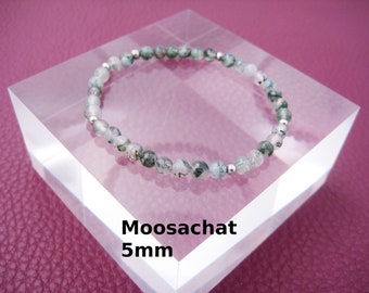 Bracelet Agate Mousse 5mm Vert Bracelet Rond Extensible Acier Inoxydable Argent Or Or Rose Cadeau pour Elle