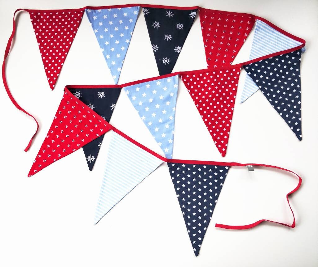 Wimpelkette Aus Stoff – 18 M, Rot-weiß-blaue Dreiecke, Für Party & Dekoration