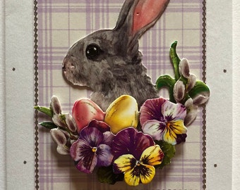 Easter card in 3D technology with a bunny and flowers