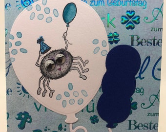 Glückwunschkarte mit Luftballons und Spinne