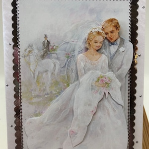Hochzeitskarte in 3D-Technik mit Brautpaar und Kutsche