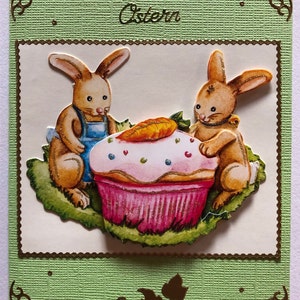 Osterkarte in 3D-Technik mit Hasen und Muffin