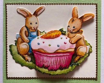 Easter card in 3D technology with bunnies and muffins