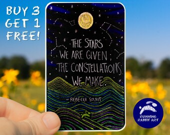Starry Landscape Nature Sticker with feminist writer Rebecca Solnit author quote.  A nice gift for a book lover, or environmental activist!